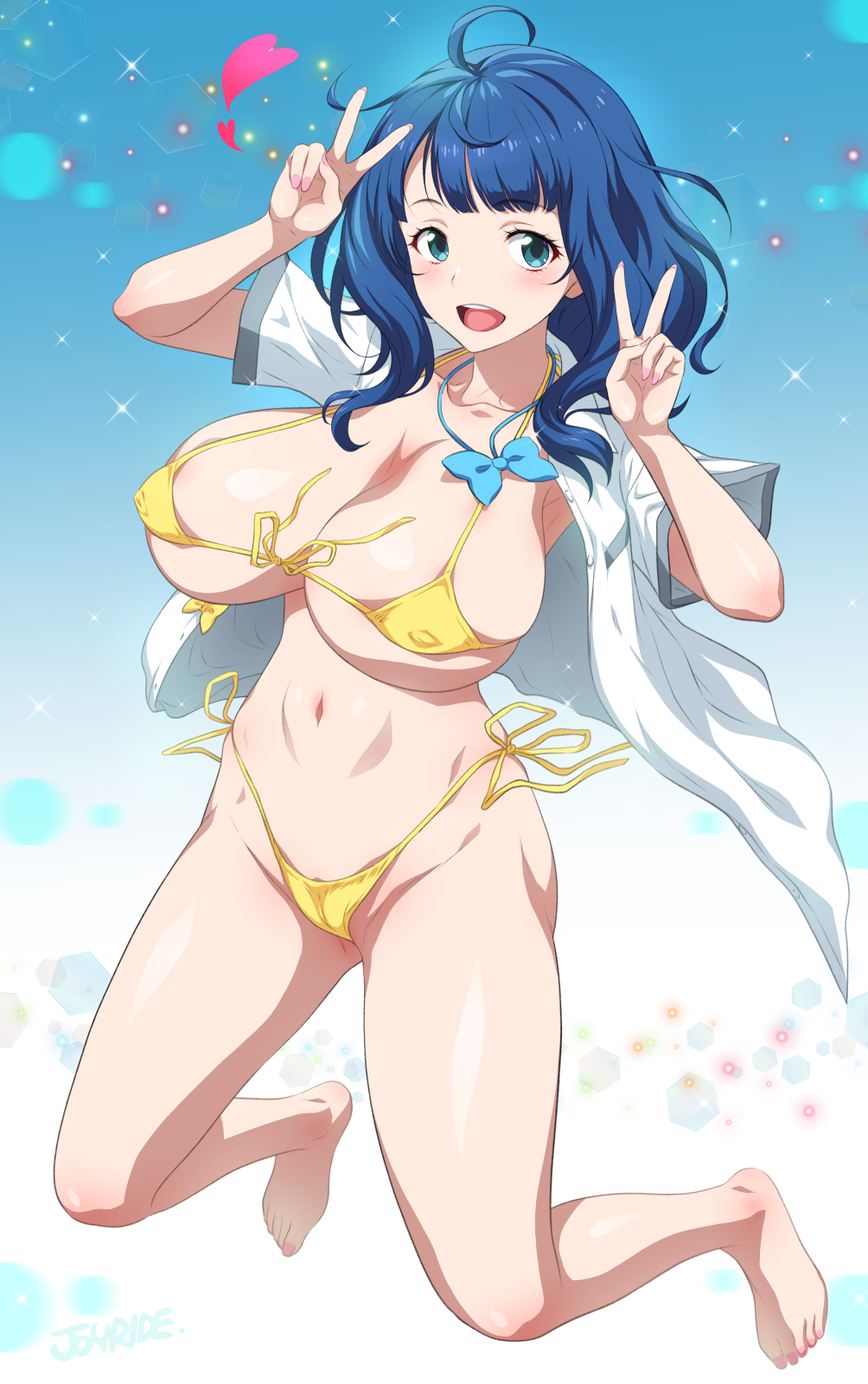 1girl ahoge bare_legs barefoot bikini bikini_under_clothes blue_bow blue_bowtie blue_eyes blue_hair blush bow bowtie breasts cleavage collarbone covered_erect_nipples double_v front-tie_bikini_top front-tie_top highres huge_breasts joy_ride looking_at_viewer make_heroine_ga_oo_sugiru! medium_hair micro_bikini navel open_clothes open_mouth open_shirt shirt short_sleeves side-tie_bikini_bottom smile solo swimsuit v white_shirt yanami_anna yellow_bikini