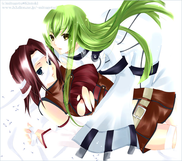 00s 2girls bad_id bad_pixiv_id bandages blue_eyes breasts c.c. cleavage code_geass green_hair kouzuki_kallen kintoki_(sena0830) large_breasts long_hair multiple_girls red_hair sena0830 torn_clothes