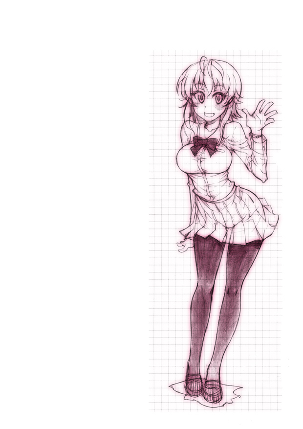 1girl :d bad_id bad_pixiv_id bow bracelet breasts female_focus graph_paper impossible_clothes impossible_shirt jewelry kusanagi_tonbo large_breasts looking_at_viewer monochrome open_mouth original pantyhose pleated_skirt shirt simple_background skin_tight skirt smile solo waving white_background