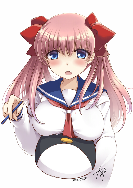 10s 1girl 2014 bad_id bad_pixiv_id blue_eyes bow breast_rest breasts carried_breast_rest carrying dated etopen hair_bow haramura_nodoka large_breasts long_hair looking_at_viewer narumizg pink_hair saki_(manga) school_uniform serafuku signature simple_background twintails white_background