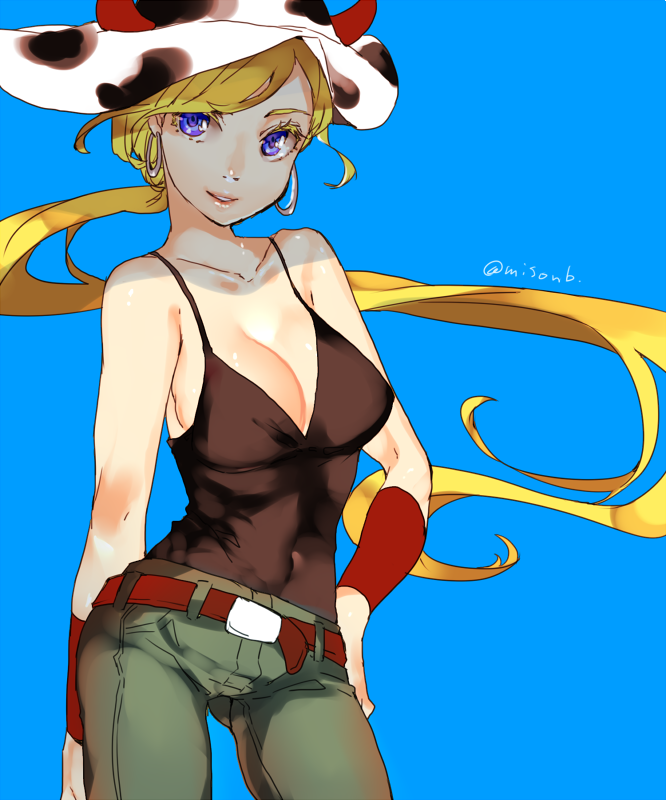 1girl animal_print beatmania_(series) beatmania_iidx bemani blonde_hair blue_background blue_eyes breasts character_request cleavage collarbone covered_navel cow_horns cow_print cowboy_shot earrings hoop_earrings horns inpr jewelry long_hair looking_at_viewer parted_lips ponytail print_headwear simple_background solo twitter_username very_long_hair