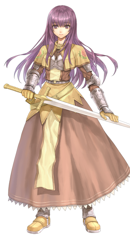 1girl armored_boots boots brown_capelet brown_footwear brown_shirt brown_skirt capelet closed_mouth floral_print full_body gauntlets holding holding_sword holding_weapon kawaku large_variant_set long_hair long_sleeves looking_at_viewer official_art pelvic_curtain purple_eyes purple_hair ragnarok:_guild_masters ragnarok_online rose_print shirt simple_background skirt smile solo standing sword swordsman_(ragnarok_online) transparent_background variant_set weapon