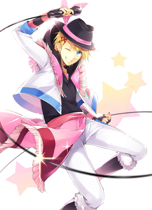 10s 1boy blonde_hair boots fingerless_gloves fringe_trim fur_trim gloves grin hagiwara_rin hat jacket kurusu_shou male_focus microphone nail_polish one_eye_closed pants pink_theme smile solo sparkle star_(symbol) striped_clothes striped_gloves uta_no_prince-sama white_background wink