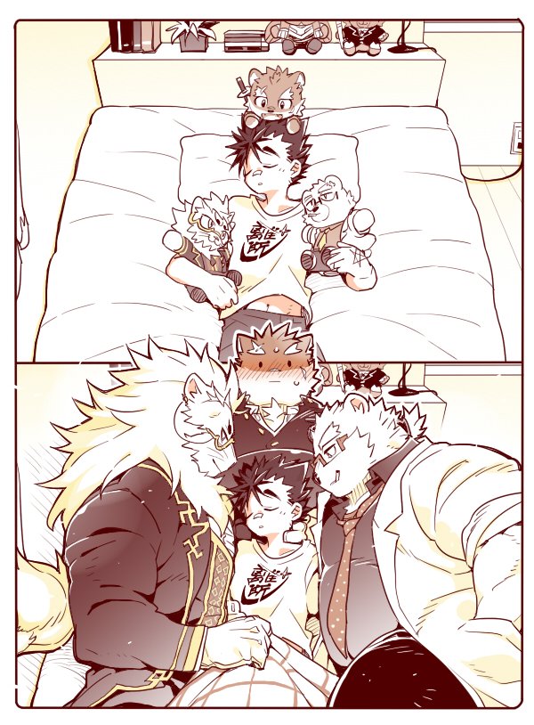 4boys animal_ears bandaid bandaid_on_face bandaid_on_nose bear_boy bear_ears belly blanket blush cigarette closed_mouth clothes_lift coat commentary dog_boy dog_ears facial_scar furry furry_male glasses gloves kensan_(isizakirie) lab_coat leib_(housamo) lion_boy lion_ears lion_mane lion_tail looking_at_another lying male_focus monocle moritaka_(housamo) multiple_boys necktie on_back on_bed profile protagonist_1_(housamo) salomon_(housamo) scar scar_across_eyebrow scar_on_cheek scar_on_face sheath sheathed shirt_lift smile snow_(housamo) stuffed_animal stuffed_toy sweatdrop symbol-only_commentary tail tezcatlipoca_(housamo) tokyo_houkago_summoners yaoi