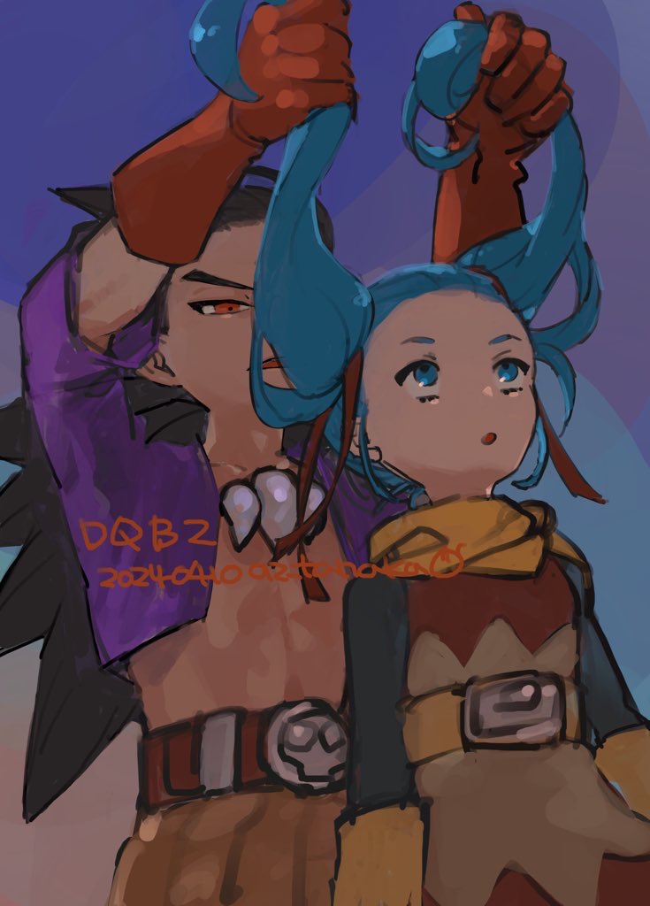 1boy 1girl arms_up belt black_sleeves blue_eyes blue_hair brown_hair commentary_request copyright_name dated dragon_quest dragon_quest_builders_2 dress female_builder_(dqb2) gloves gradient_sky hair_horns hair_pulled_back hair_ribbon holding_another&#039;s_hair hotaru1012 jewelry looking_at_another looking_down looking_up low_ponytail neckerchief necklace open_clothes open_mouth open_shirt orange_pants pants procreate_(medium) purple_shirt red_belt red_eyes red_gloves red_ribbon ribbon shirt sidoh_(dqb2) skull_belt sky spiked_hair toned toned_male tooth_necklace twintails yellow_gloves yellow_neckerchief