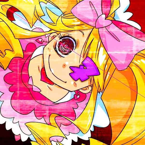 10s 1girl ala_chan amputee armless_amputee blonde_hair bow double_amputee dress drill_hair earrings eyepatch female_focus from_above hair_bow harime_nui heart jewelry kill_la_kill long_hair no_arms pink_bow purple_eyes sharp_teeth smile solo spoilers strapless strapless_dress teeth twin_drills twintails