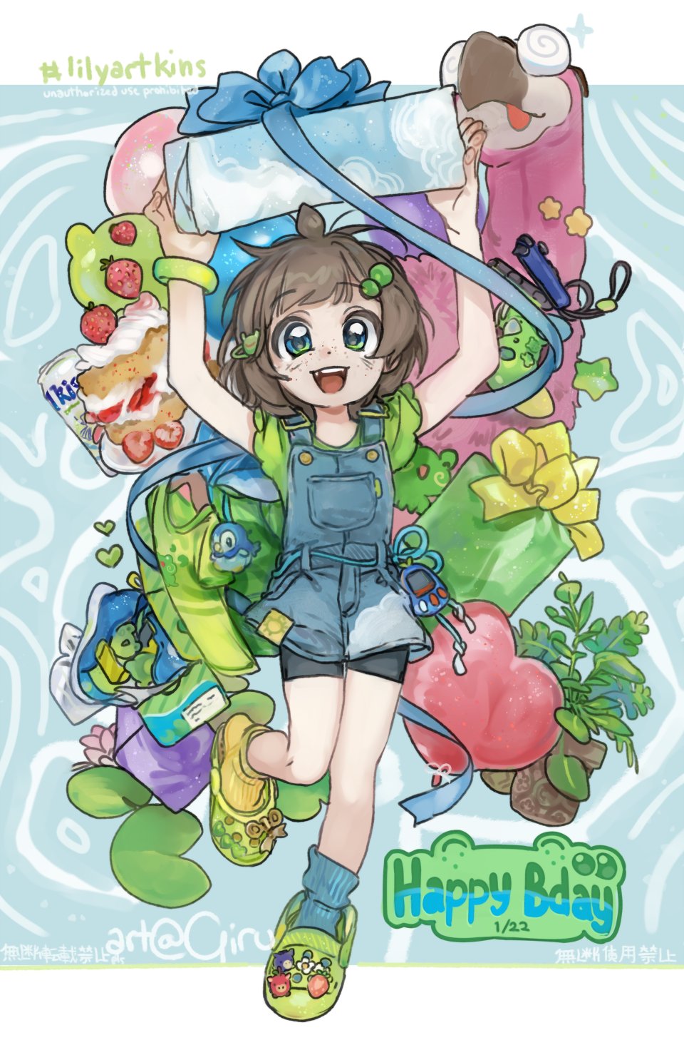 1girl :d arms_up bike_shorts black_shorts blue_overalls blue_socks brown_hair child commentary english_commentary freckles full_body gift girutea green_eyes green_footwear green_shirt happy_birthday highres holding holding_gift indie_virtual_youtuber lily_hopkins mismatched_socks open_mouth overalls shirt short_hair short_sleeves shorts smile socks solo teeth tooth_gap upper_teeth_only yellow_socks