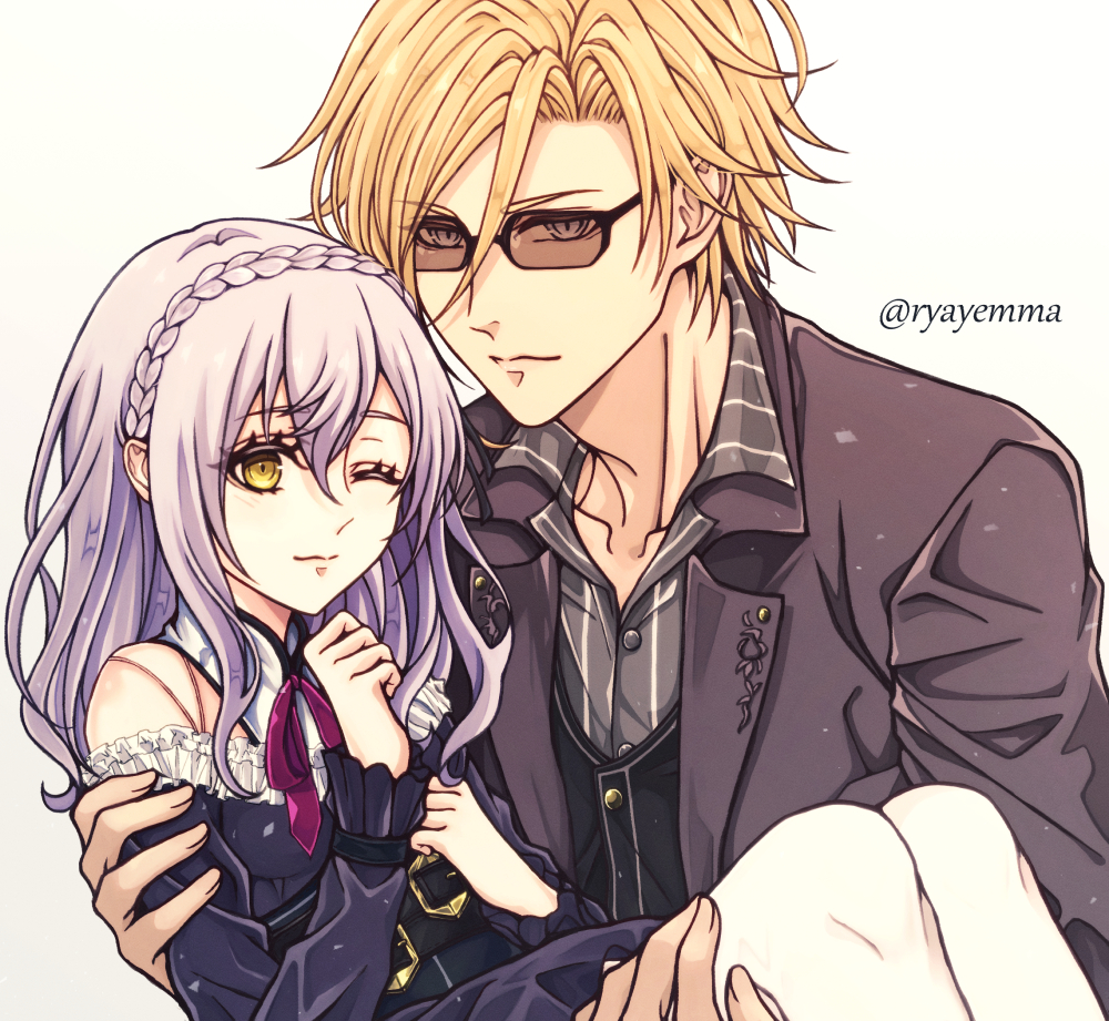 1boy 1girl bare_shoulders black-framed_eyewear black_eyes black_vest blonde_hair braid brown-tinted_eyewear carrying closed_mouth collared_shirt crown_braid curtained_hair dress eiyuu_densetsu eyelashes gradient_background grey_background grey_jacket grey_shirt hair_between_eyes holding_hands jacket kai_no_kiseki kuro_no_kiseki_(series) lapis_rosenberg looking_at_viewer one_eye_closed open_clothes open_jacket over-rim_eyewear pinstripe_pattern pinstripe_shirt princess_carry rectangular_eyewear rufus_albarea semi-rimless_eyewear shirt sidelocks simple_background smile sunglasses tinted_eyewear twitter_username upper_body vest white_background white_hair yellow_eyes yukiko_(leovioykk)