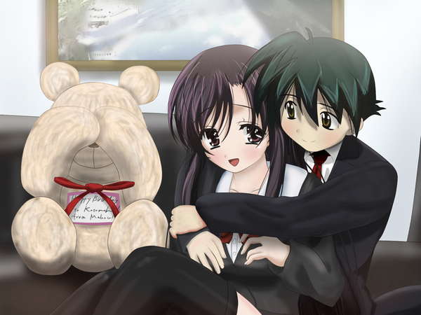 00s 1boy 1girl artist_request blush hetero hug itou_makoto katsura_kotonoha school_days tagme