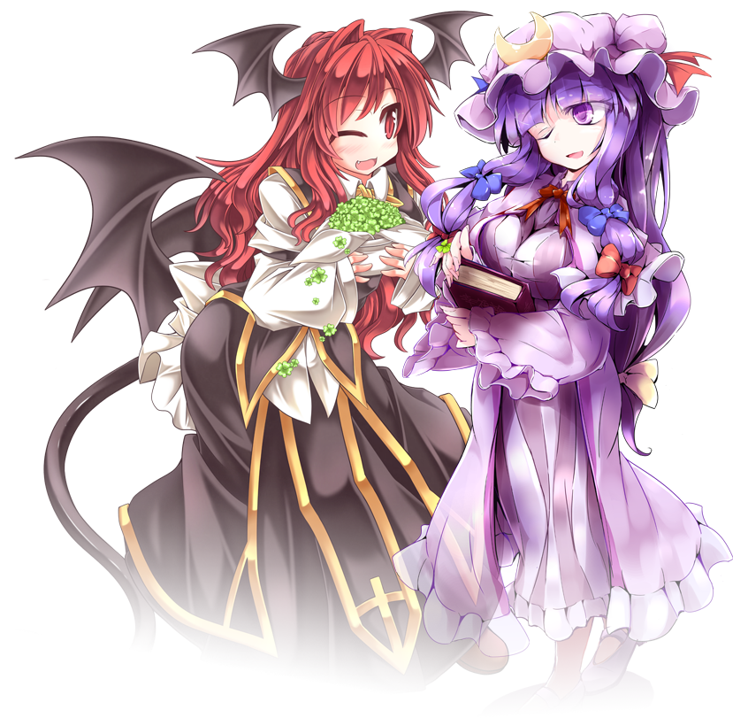 2girls adapted_costume alternate_costume artist_collaboration bat_wings book bow breasts clover crescent demon_tail fang four-leaf_clover frills fumitsuki_(minaduki_6) hair_bow hair_ornament hat hat_bow head_wings koakuma long_hair long_sleeves looking_at_another mob_cap multiple_girls mumumu one_eye_closed open_mouth patchouli_knowledge puffy_sleeves purple_eyes purple_hair red_eyes red_hair shirt skirt skirt_set smile striped tail touhou transparent_background vest wide_sleeves wings