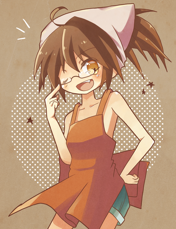 1girl apron bare_arms bemani bespectacled blue_shorts brown_background brown_eyes brown_hair chaki_(chakan) collarbone fang glasses headscarf looking_at_viewer one_eye_closed open_mouth orange_apron short_hair shorts solo sound_voltex yamashina_kanade