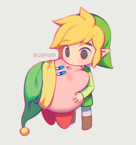 1boy 1other black_eyes blonde_hair blue_eyes blush brown_footwear closed_mouth colored_skin eye_contact green_hat green_tunic hair_intakes hat holding hug kirby kirby_(series) leggings link looking_at_another lowres nintendo open_mouth pink_skin pom_pom_(clothes) simple_background super_smash_bros. the_legend_of_zelda toon_link tunic twitter_username white_background white_leggings wusagi2