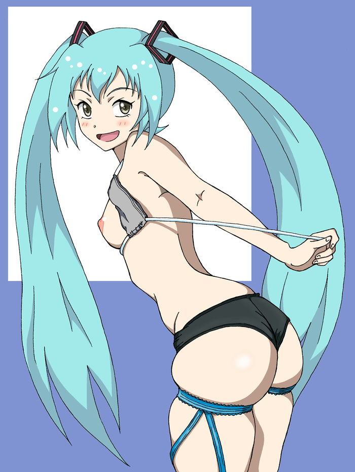 1girl ass blue_hair breasts eleven929rr hatsune_miku long_hair looking_back pulling sideboob skindentation small_breasts solo_focus twintails undressing vocaloid