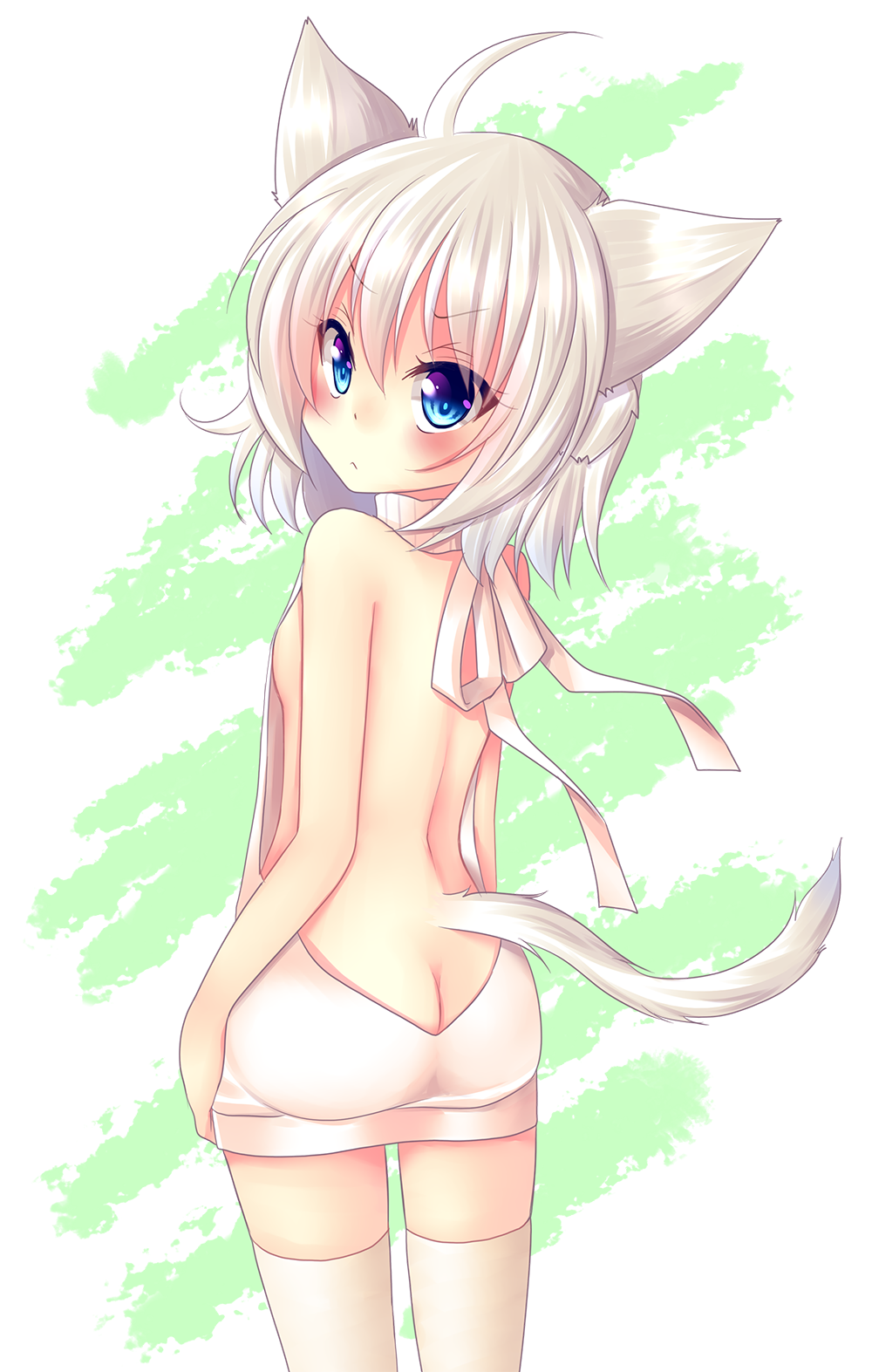 1girl :&lt; ahoge animal_ears ass backless_outfit bare_arms bare_back bare_shoulders blue_eyes blush breasts butt_crack cat_ears cat_girl cat_tail closed_mouth cowboy_shot female_focus green_background hair_between_eyes head_tilt highres looking_at_viewer looking_back meiya_neon meme_attire naked_sweater original sideboob silver_hair small_breasts solo sweater tail thighhighs turtleneck turtleneck_sweater two-tone_background v-shaped_eyebrows virgin_killer_sweater white_background white_sweater white_thighhighs