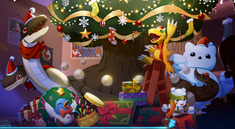 beak chackmon christmas christmas_tree crown delumon digimon gift looking_at_viewer punimon santaagumon smile xuanwumon yukidarumon