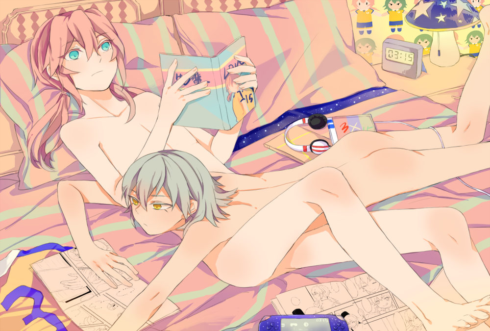 2boys ass bad_id bad_pixiv_id barefoot bed blue_eyes book green_hair headphones inazuma_eleven_(series) inazuma_eleven_go kariya_masaki kirino_ranmaru lying male_focus multiple_boys mysterymiharu nude on_back on_stomach open_book pink_hair raimon raimon_soccer_uniform reading soccer_uniform sportswear trap twintails yellow_eyes