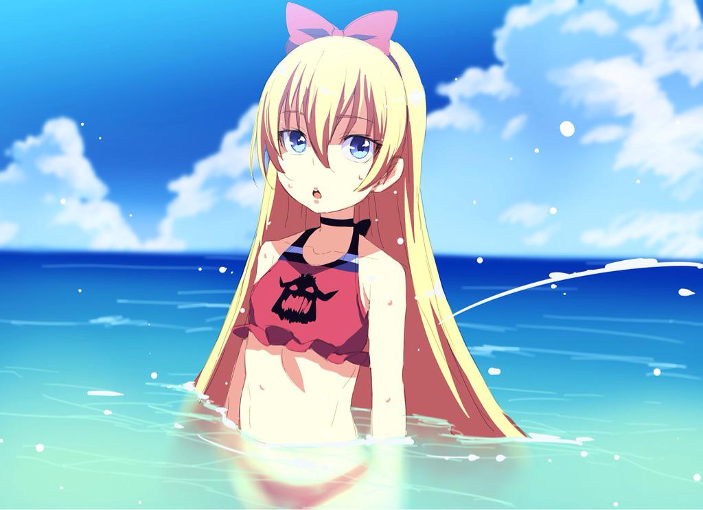 1girl bad_id bad_twitter_id bikini black_choker blonde_hair blue_eyes blue_sky bow bow_hairband choker day flat_chest hair_between_eyes hair_bow hairband long_hair looking_at_viewer ocean outdoors parted_lips red_bikini red_bow sky solo standing swimsuit tasaka_shinnosuke tokimeki_tonight wading wet