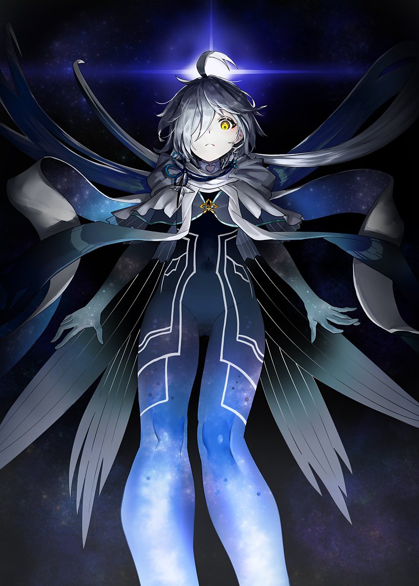 1other ahoge blue_bodysuit blue_capelet bodysuit brooch capelet fate/grand_order fate_(series) feet_out_of_frame from_below galaxy grey_hair hair_over_one_eye highres jewelry long_hair looking_at_viewer night night_sky radiant_light sirius_(fate) sky solo waterstaring white_capelet yellow_eyes