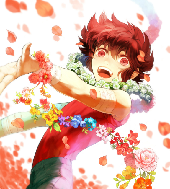 1boy flower forget-me-not_(flower) male_focus nemophila_(flower) open_mouth pegasus_seiya petals red_eyes red_hair saint_seiya short_hair smile solo yonezuyu