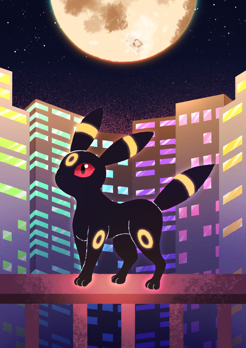 animal_focus black_eyes black_sky building city colored_sclera creatures_(company) facial_mark forehead_mark full_body full_moon game_freak gen_2_pokemon highres i-nn looking_afar moon night nintendo no_humans on_railing outdoors pokemon pokemon_(creature) railing red_sclera sky skyscraper solo standing star_(sky) umbreon