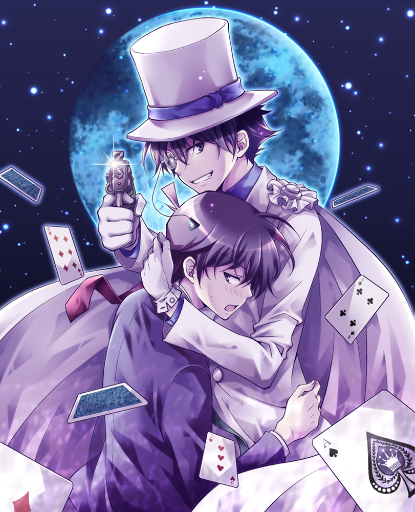 2boys aiming aiming_at_viewer blush brown_hair cape card full_moon gloves gun hat hug kaitou_kid kudou_shin&#039;ichi kuroba_kaito male_focus meitantei_conan monocle monocle_chain moon multiple_boys open_mouth seren_(seresere) short_hair top_hat weapon yaoi