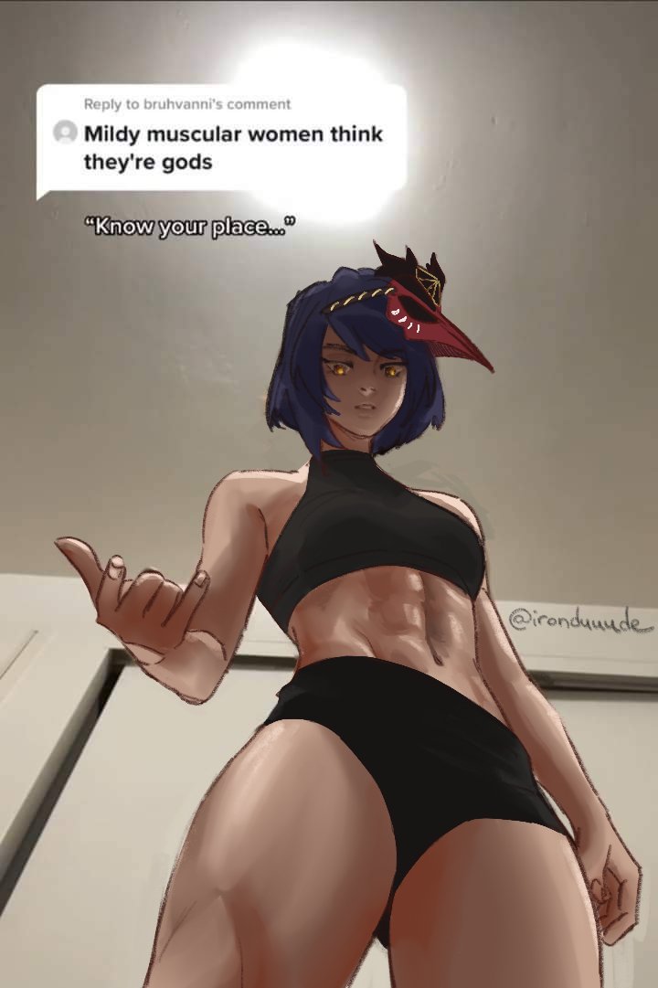 1girl abs english_text genshin_impact ironduuude kujou_sara looking_down mask mask_on_head meme mildly_muscular_women_think_they&#039;re_gods_(meme) purple_hair short_hair shorts solo speech_bubble sportswear tiktok toned turtleneck yellow_eyes