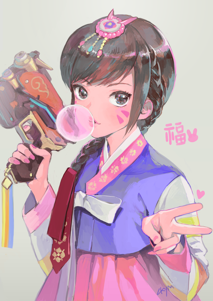 1girl alternate_hairstyle artist_name blowing_bubbles braid brown_eyes brown_hair charm_(object) chewing_gum chkuyomi d.va_(overwatch) dress eyelashes facial_mark female_focus finger_on_trigger fingernails floral_print grey_background gun hair_ornament hair_ribbon hanbok hand_up handgun holding holding_gun holding_weapon korean_clothes lips long_fingernails long_hair long_sleeves looking_at_viewer nail_polish official_alternate_costume overwatch overwatch_1 palanquin_d.va pink_lips pink_nails pink_skirt rabbit_hair_ornament red_ribbon ribbon sidelocks signature single_braid skirt skirt_set solo striped striped_sleeves swept_bangs traditional_clothes upper_body v weapon whisker_markings