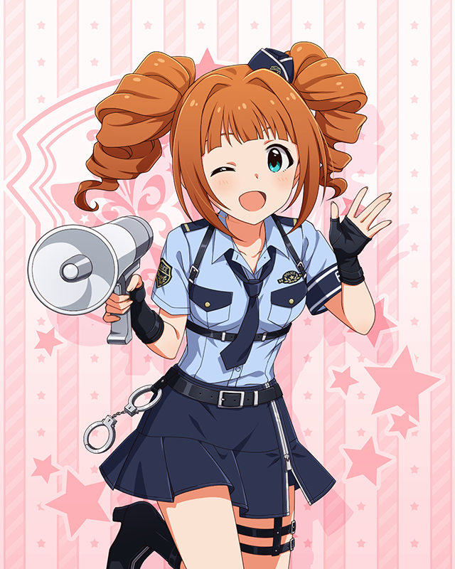 1girl aqua_eyes arched_bangs belt belt_buckle black_belt black_gloves black_shorts blue_hat blue_necktie blue_shirt blue_skirt breast_pocket breasts buckle chest_harness collarbone collared_shirt concept_police_(idolmaster) cowboy_shot cuffs curly_hair dot_nose emblem fingerless_gloves garrison_cap garter_straps gloves handcuffs hands_up harness hat holding horn_speaker idolmaster idolmaster_million_live! idolmaster_million_live!_theater_days light_blush looking_at_viewer mini_hat necktie official_alternate_costume official_art one_eye_closed orange_hair pleated_skirt pocket police police_badge police_uniform policewoman shirt short_shorts short_sleeves shorts side_slit sidelocks skirt small_breasts solo standing standing_on_one_leg takatsuki_yayoi thigh_strap tilted_headwear twintails zipper_pull_tab zipper_skirt