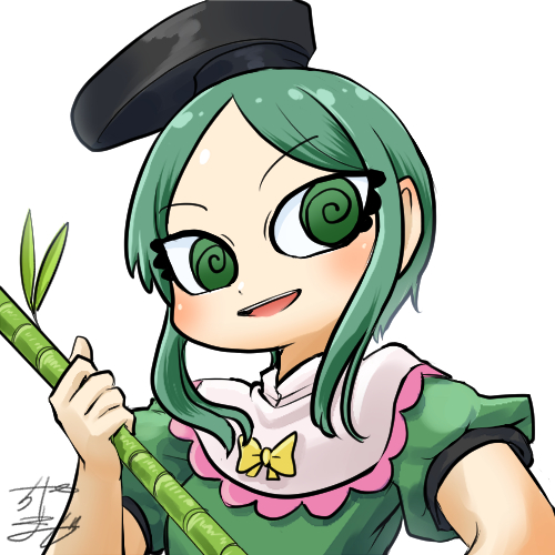 1girl @_@ profile_picture bamboo bow chamaji commentary dress frilled_shirt_collar frills green_dress green_hair hat holding_bamboo_shoot looking_at_viewer lowres short_hair short_hair_with_long_locks short_sleeves signature solo tate_eboshi teireida_mai touhou upper_body white_background yellow_bow