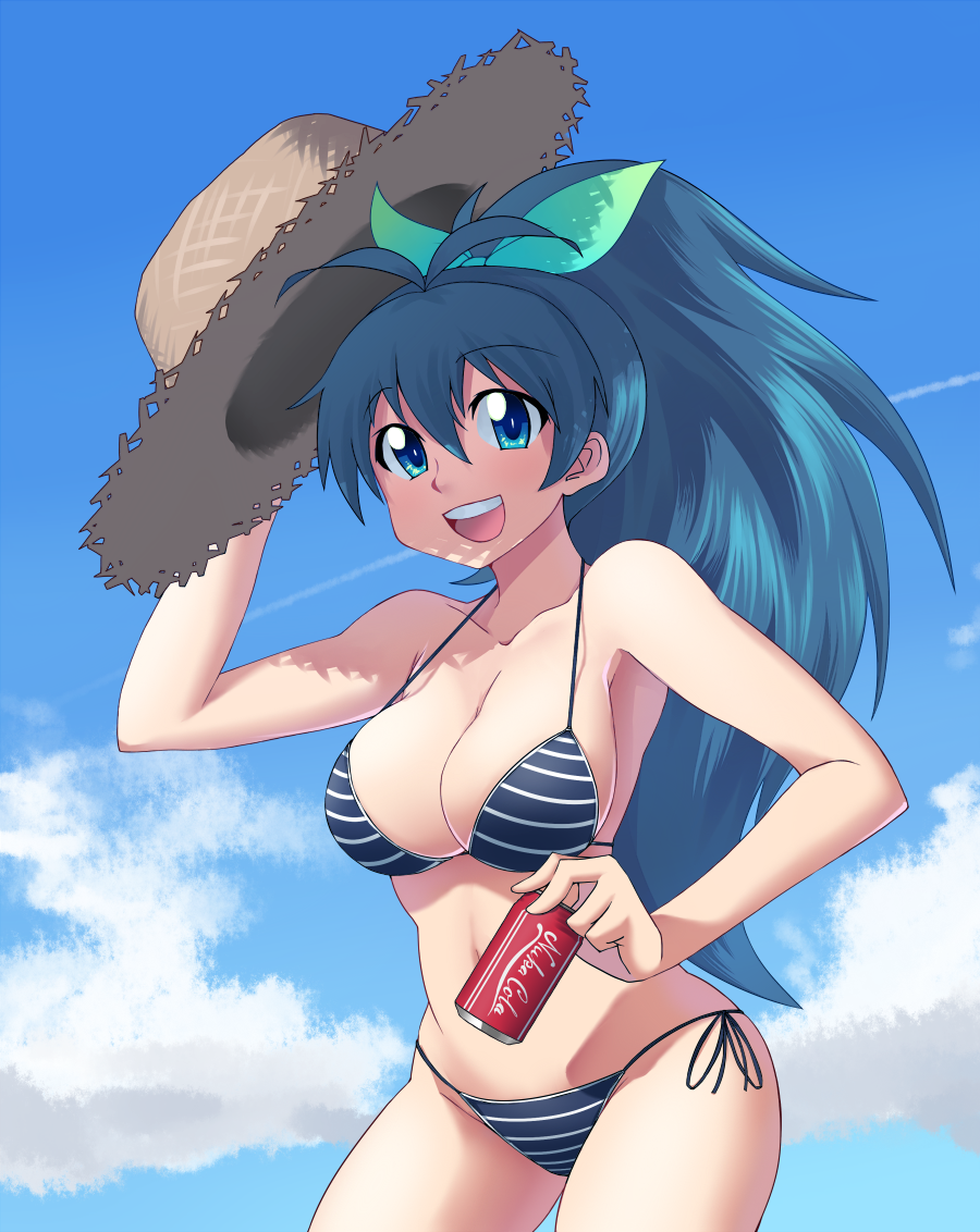 1girl bare_shoulders bikini black_hair blue_eyes breasts can cleavage colorized day fallout_(series) female_focus ganaha_hibiki hair_ribbon hakkaku_shikimi hat high_ponytail idolmaster idolmaster_(classic) large_breasts long_hair looking_at_viewer nuka_cola open_mouth parody ponytail ribbon side-tie_bikini_bottom smile soda solo strap_gap string_bikini striped_bikini striped_clothes swimsuit yajirushi_kaku