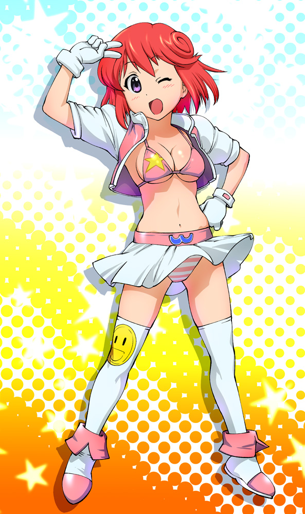 1girl ;d bikini bikini_top_only blush boots breasts cleavage crop_top female_focus gloves hand_on_own_hip large_breasts looking_at_viewer midriff navel one_eye_closed open_clothes open_mouth panties pantyshot pastel_(twinbee) polka_dot print_thighhighs purple_eyes red_hair salute short_hair skirt smile smiley_face solo standing star_(symbol) star_print striped_clothes striped_panties swimsuit thighhighs twinbee ueyama_michirou underboob underwear upskirt white_thighhighs wind wind_lift wink