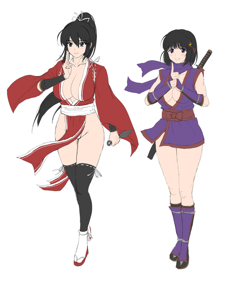 bare_hips belt black_hair black_thighhighs blue_eyes boots breasts cleavage colorized dress flat_color katana kunai large_breasts long_hair ninja original ponytail purple_dress purple_eyes purple_scarf red_belt red_dress ribbon_trim scarf scottie_stick simple_background sword tagme thighhighs thighs weapon white_background