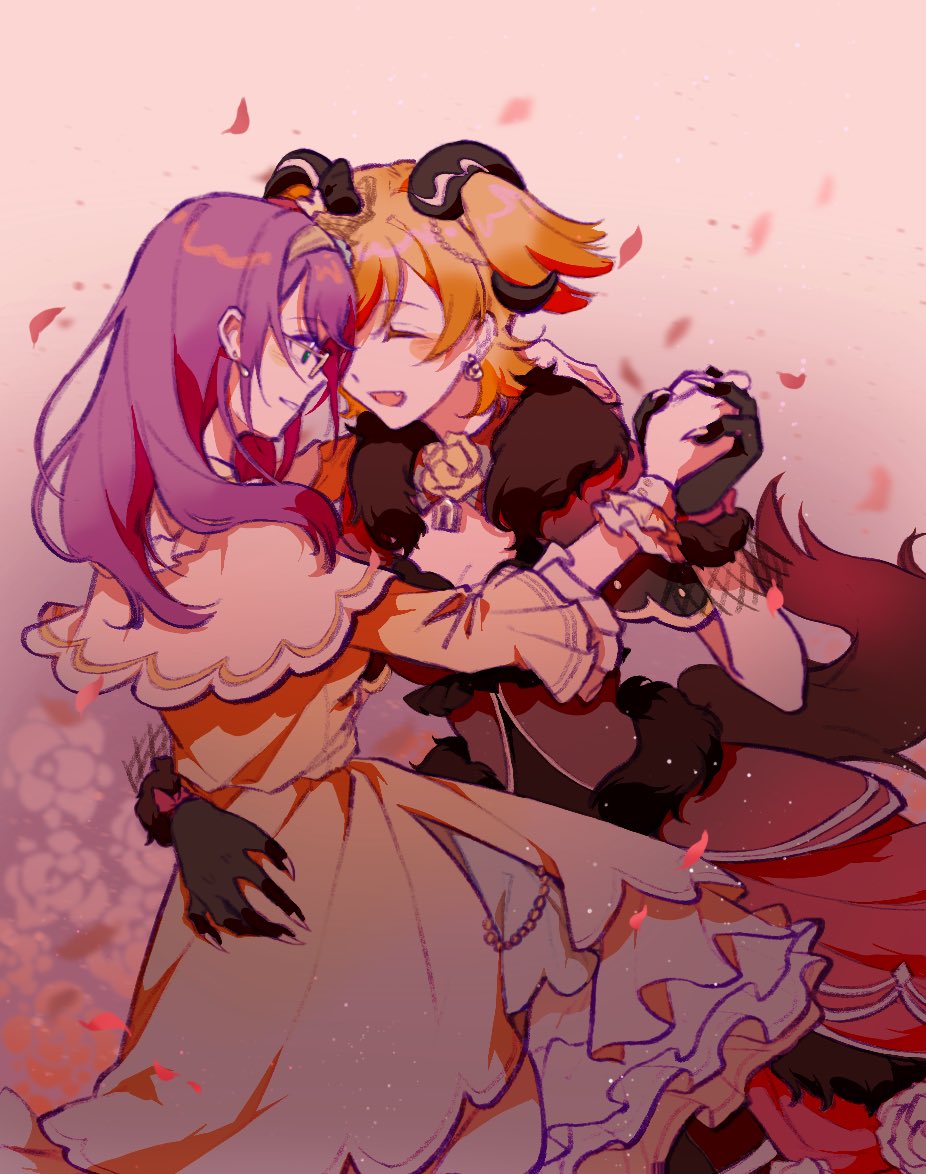 2girls :d arm_around_waist black_gloves black_robe blonde_hair blush blush_stickers brown_dress brown_robe capelet cleavage_cutout closed_eyes clothing_cutout commentary_request curled_horns daiba_nana dancing demon_horns dress earrings face-to-face facing_another fake_claws fake_tail falling_petals fang feet_out_of_frame floral_background flower frilled_capelet frilled_dress frilled_gloves frilled_wrist_cuffs frills fur-trimmed_belt fur-trimmed_gloves fur_collar fur_trim glasses gloves gold_hairband gold_trim gradient_background gradient_clothes gradient_dress gradient_robe green_eyes hair_ornament hairband hand_on_another&#039;s_shoulder hand_up hands_up harukasa holding_hands horns hoshimi_junna jewelry locket long_hair looking_at_another medium_skirt multiple_girls neck_flower official_alternate_costume open_mouth parted_lips pendant petals purple_background purple_hair red_dress red_ribbon ribbon robe rose short_hair short_sleeves shoujo_kageki_revue_starlight single_earring skirt smile tail three-quarter_sleeves three_quarter_view two-tone_dress two_side_up white_background white_capelet white_flower white_petticoat white_rose white_trim wrist_cuffs wrist_ribbon yellow_dress yellow_flower yuri