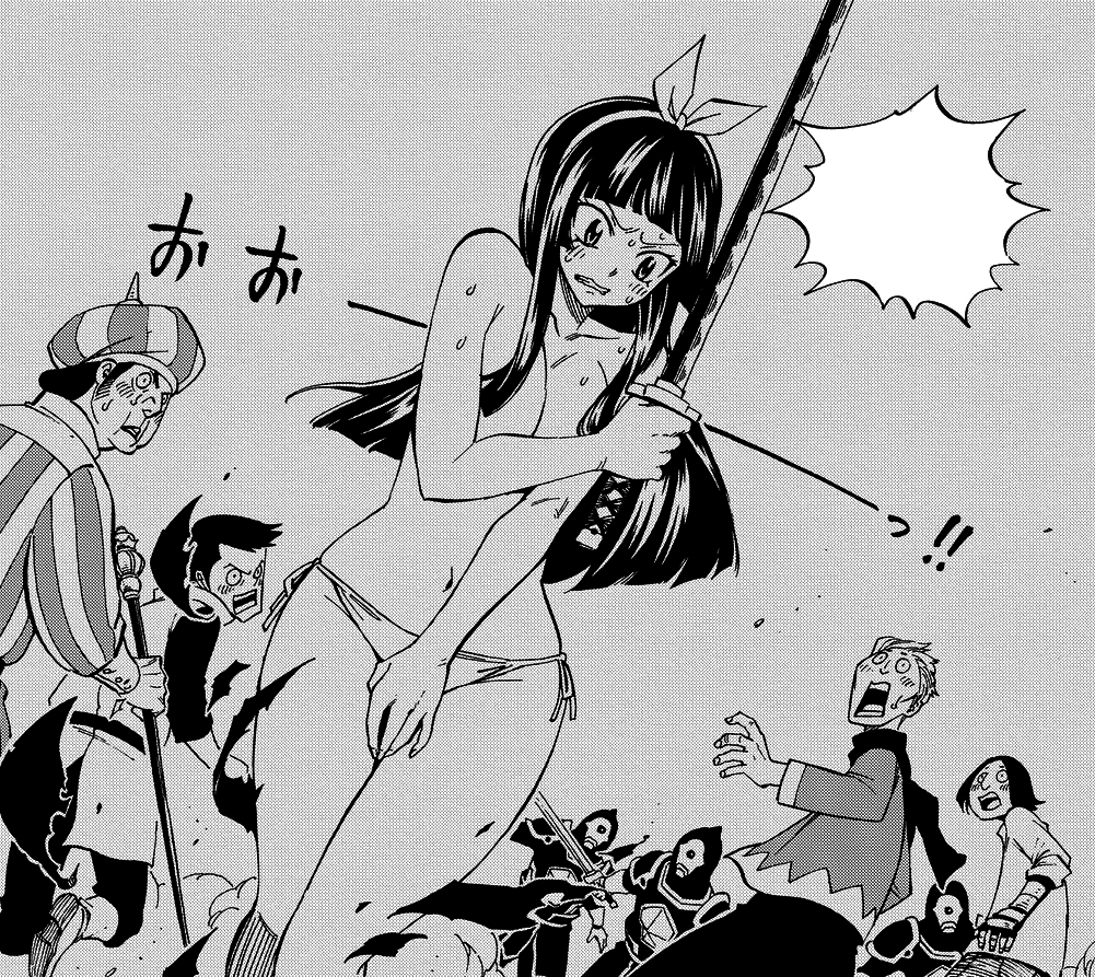 kagura mikazuchi, fairy tail, 1girl, 6+boys, bikini, blunt bangs, breasts,  hairband, holding, holding sword, holding weapon, long hair, monochrome,  multiple boys, side-tie bikini bottom, swimsuit, sword, topless, weapon -  Image View - |