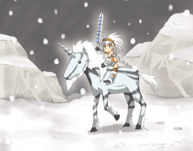 1girl capcom female_focus horns kirin_(armor) kirin_(monster_hunter) monster_hunter monster_hunter_(series) monster_hunter_frontier motofumi riding single_horn snow solo sword weapon white_hair