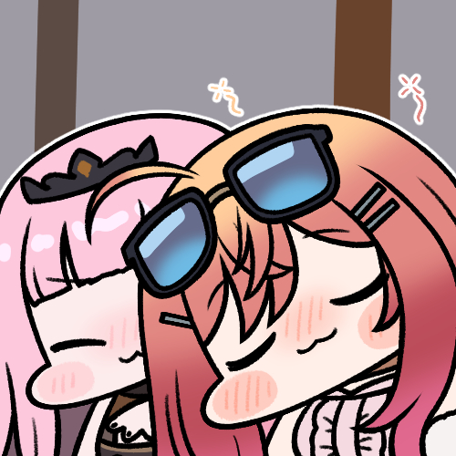 2girls :3 black_tiara blush blush_stickers chibi chibi_only closed_eyes closed_mouth commentary_request eyewear_on_head gradient_hair hololive hololive_dev_is hololive_english ichijou_ririka jazz_jack lowres mori_calliope multicolored_hair multiple_girls nose_blush orange_hair pink_hair red_hair sunglasses tiara virtual_youtuber