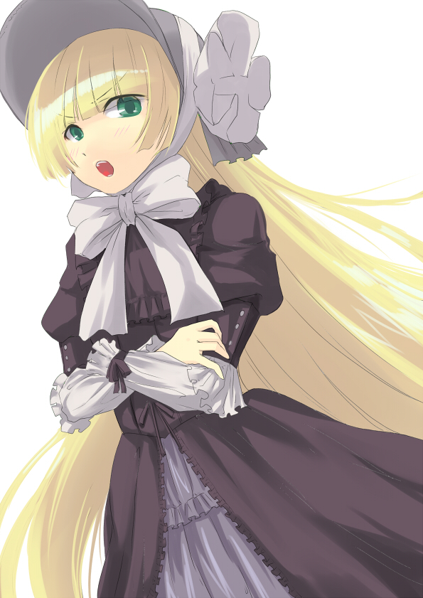 1girl blonde_hair bow crossed_arms dress female_focus gosick gothic_lolita green_eyes hat lolita_fashion long_hair nueco open_mouth simple_background solo standing tsurime very_long_hair victorica_de_blois white_background