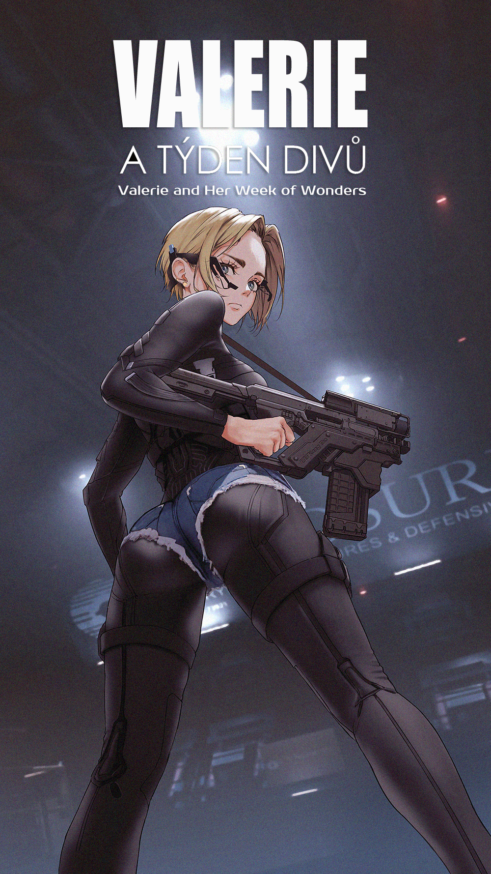 1girl ass black_bodysuit blonde_hair blue_eyes bodysuit breasts character_name chinese_commentary closed_mouth cowboy_shot cyberpunk_(series) cyberpunk_2077 cyborg czech_commentary czech_text denim denim_shorts english_text from_below gun highres holding holding_gun holding_weapon indoors looking_at_viewer looking_back micro_shorts mixed-language_commentary short_hair shorts shuten_(project_sky) solo submachine_gun v_(cyberpunk) weapon