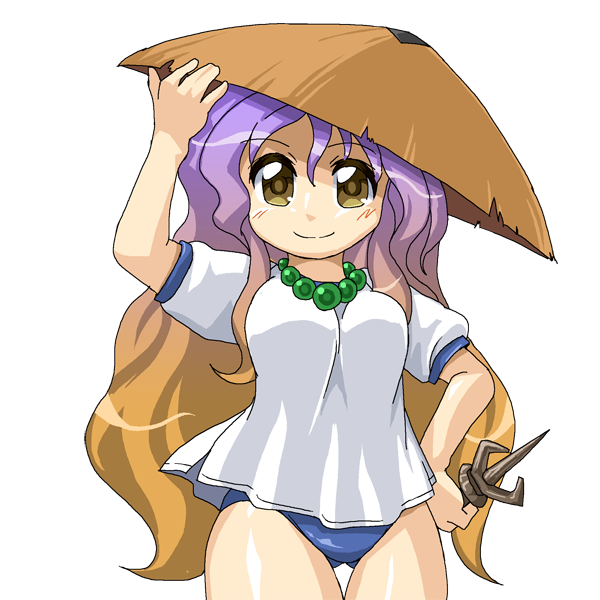 1girl ajirogasa blush breasts brown_hair buruma female_focus gradient_hair hat hijiri_byakuren jewelry long_hair multicolored_hair necklace purple_hair smile solo touhou transparent_background vajra_(object) winn yellow_eyes