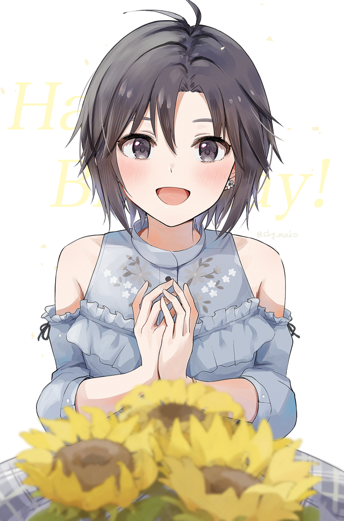 1girl :d bare_shoulders birthday black_eyes black_hair flower happy_birthday hat idolmaster idolmaster_million_live! idolmaster_million_live!_theater_days kikuchi_makoto looking_at_viewer mogskg off_shoulder open_mouth private_dress_(idolmaster_million_live!) simple_background smile solo sunflower twitter_username