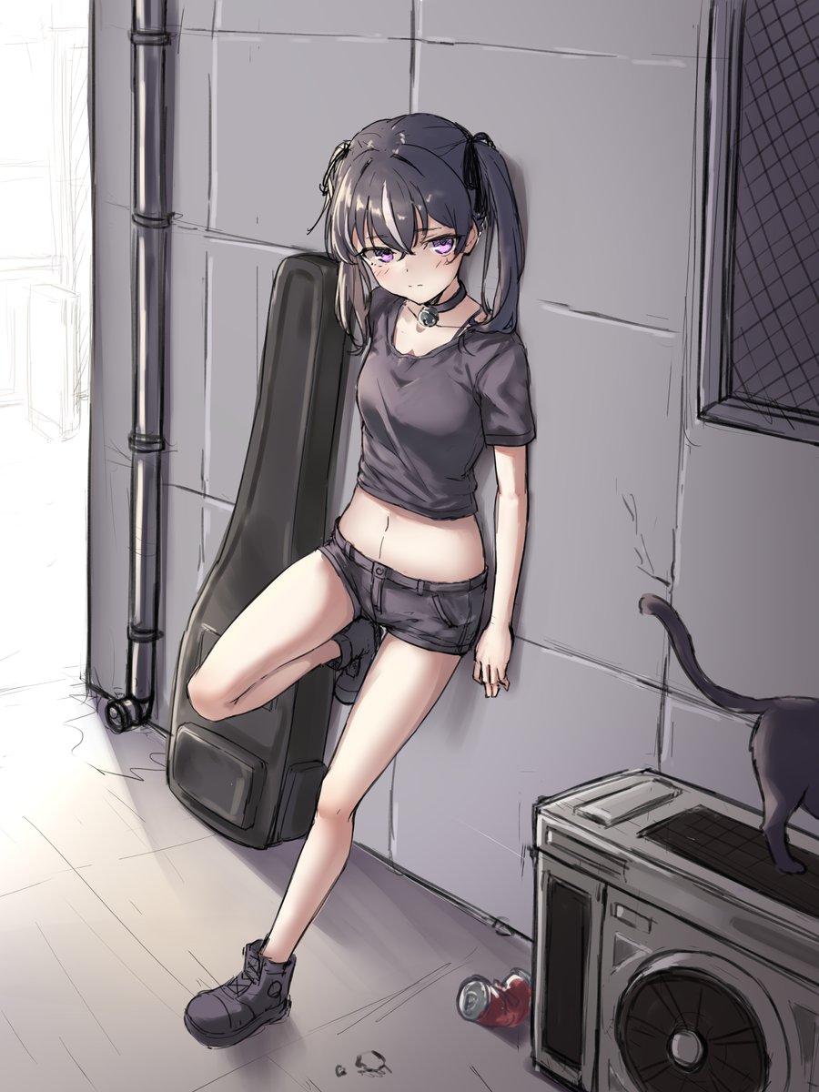 1girl animal bare_legs bell black_choker black_hair black_shirt black_shorts bra_strap breasts cat choker closed_mouth crop_top guitar_case hair_ribbon highres instrument_case jingle_bell leg_up long_hair looking_at_viewer midriff multicolored_hair navel original purple_eyes ribbon ryuudog shirt shoes short_shorts short_sleeves shorts small_breasts solo stomach streaked_hair thighs twintails