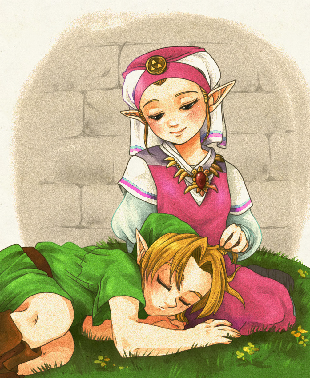 1boy 1girl blonde_hair blue_eyes blush boots brick_wall closed_eyes dress flower head_on_another&#039;s_leg head_on_lap headdress highres link looking_at_another looking_down nintendo pointy_ears princess_zelda second-party_source sleeping smile the_legend_of_zelda the_legend_of_zelda:_ocarina_of_time tsukuyomi_land tunic young_link young_zelda