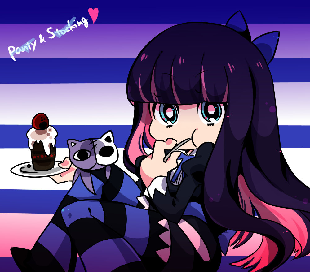 1girl aguri_(aguri0406-aoi) blue_eyes cake cat colored_inner_hair commentary_request duplicate eating food fork honekoneko_(psg) long_hair multicolored_hair official_style panty_&amp;_stocking_with_garterbelt pixel-perfect_duplicate plate solo stocking_(psg) striped_clothes striped_thighhighs stuffed_animal stuffed_cat stuffed_toy thighhighs two-tone_hair