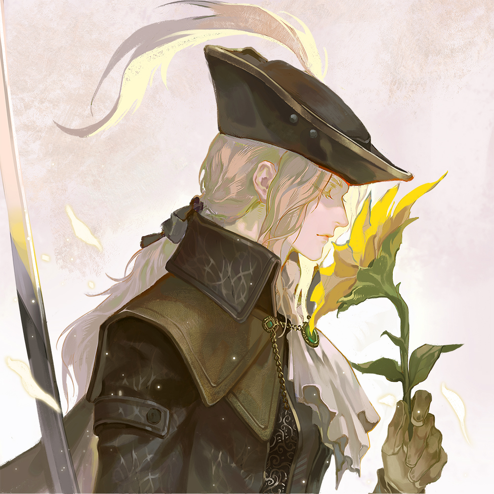 1girl artist_request ascot blonde_hair bloodborne cape coat closed_eyes flower gloves hat hat_feather holding lady_maria_of_the_astral_clocktower long_hair ponytail rakuyo_(bloodborne) simple_background smile solo sunflower sword the_old_hunters tricorne weapon white_hair