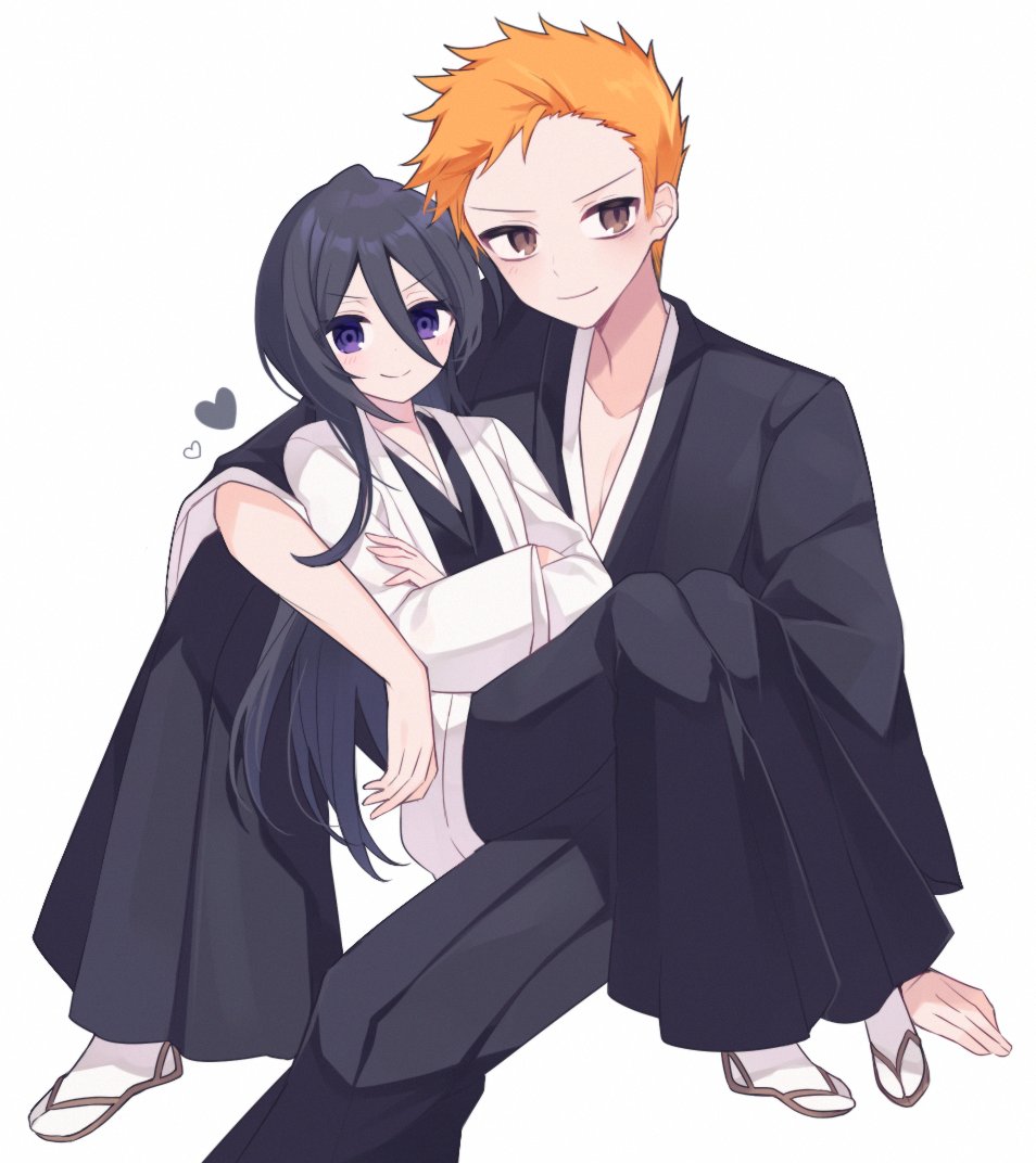 &gt;:) 1boy 1girl aged_up black_hair black_hakama black_kimono bleach bleach:_epilogue blush brown_eyes closed_mouth commentary_request couple crossed_arms double-parted_bangs foot_out_of_frame full_body g_ieep hair_between_eyes hair_down hakama haori happy heart hetero japanese_clothes kimono knees_up korean_commentary kuchiki_rukia kurosaki_ichigo long_hair long_sleeves looking_at_viewer official_alternate_hair_length official_alternate_hairstyle orange_hair purple_eyes short_hair simple_background sitting smile smug spiked_hair split_mouth straight_hair tabi taichou_haori v-shaped_eyebrows very_long_hair white_background wide_sleeves