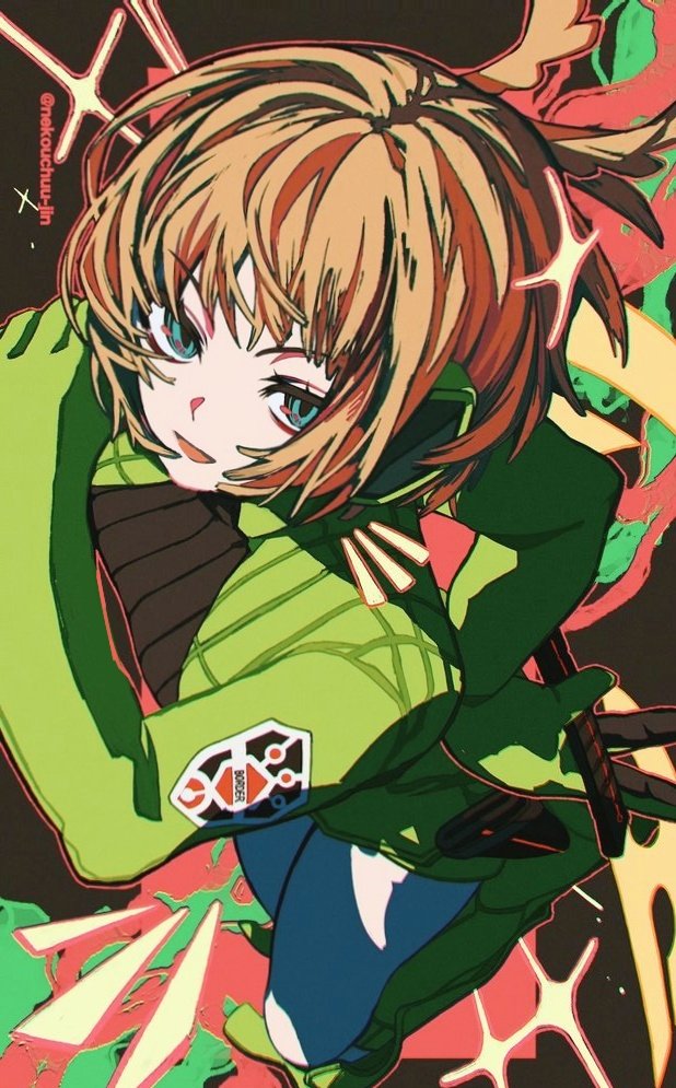 1girl aqua_eyes axe battle_axe brown_hair earmuffs gloves green_footwear green_gloves green_jacket holding holding_weapon jacket konami_kirie nekouchuu_jin short_hair smile solo weapon world_trigger