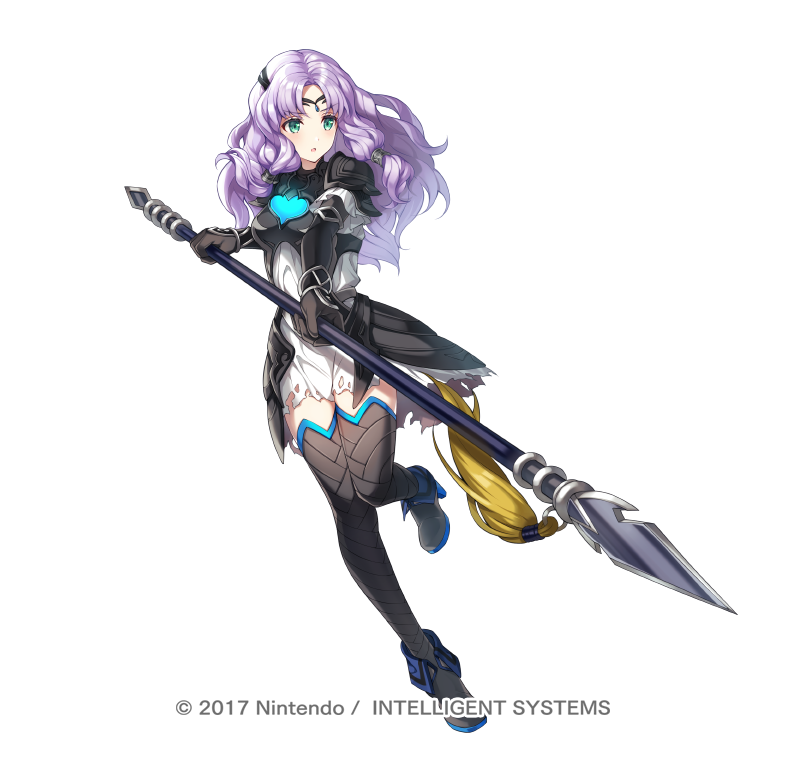 1girl alternate_costume ankle_boots armor black_armor boots breasts circlet copyright_notice dress fire_emblem fire_emblem:_the_blazing_blade fire_emblem_heroes florina_(fire_emblem) full_body gloves green_eyes holding holding_weapon jewelry leg_up long_hair long_sleeves medium_breasts nintendo official_art open_mouth parted_bangs polearm purple_hair ringozaka_mariko short_dress solo spear thighhighs torn_clothes weapon white_background white_dress zettai_ryouiki