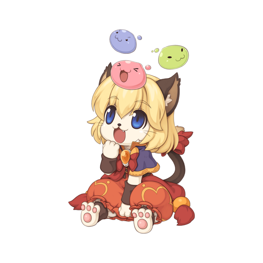 1girl :3 animal_ear_fluff animal_ears barefoot blonde_hair blue_eyes bow bowtie capelet cat_ears cat_girl cat_tail chibi chibi_only dress fang full_body furry furry_female hand_up marin_(ragnarok_online) official_art open_mouth orange_dress poporing poring purple_capelet ragnarok_online red_bow red_bowtie short_hair simple_background sitting slime_(creature) smile solo summoner_(ragnarok_online) tail tail_bow tail_ornament transparent_background whiskers yuichirou