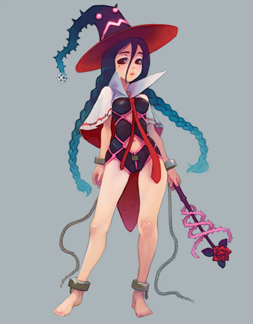 1girl barefoot bdsm blue_hair bondage bound braid cuffs female_focus hat long_hair mole mole_under_eye necktie original red_eyes shackles shibari simple_background solo staff twin_braids weno witch_hat