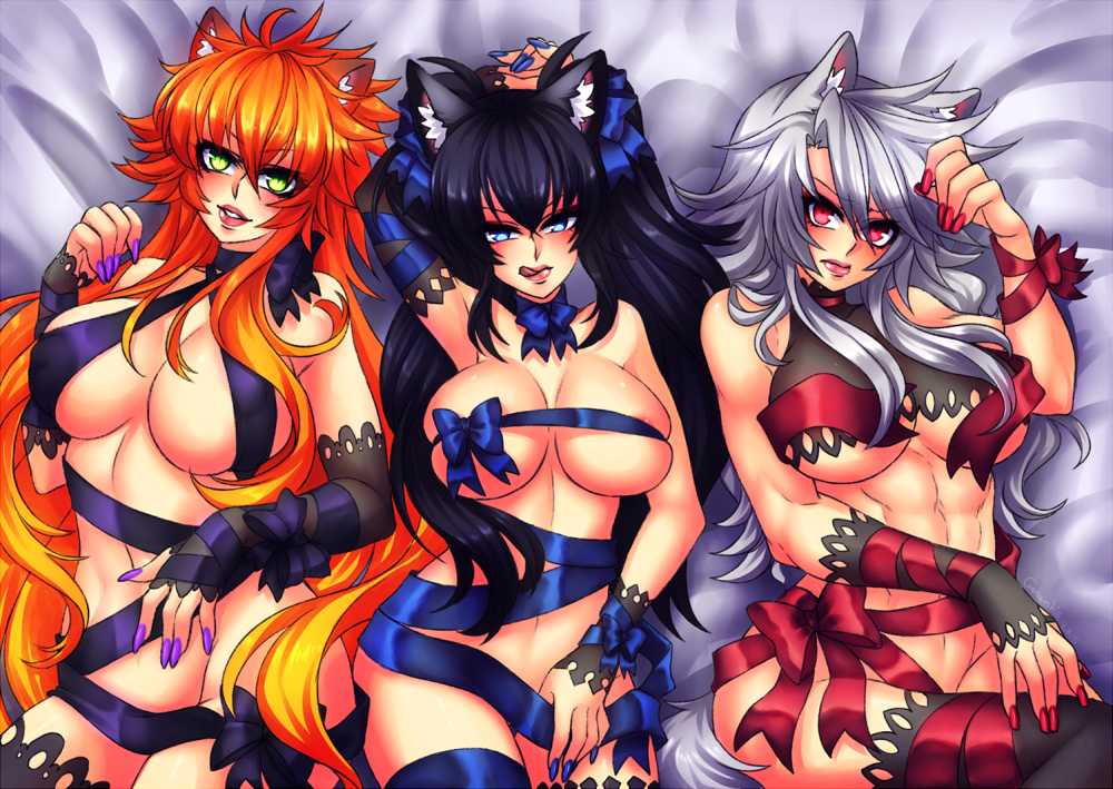 3girls bed black_hair blue_eyes breasts catheline_(deathblight) cleavage crescentia_fortuna deathblight faye_(deathblight) ferania_(deathblight) fingernails fox_girl gift green_eyes large_breasts lipstick long_fingernails long_hair lying makeup multiple_girls nail_polish orange_hair red_eyes ribbon slit_pupils tail teasing thighhighs tongue tongue_out twintails underboob white_hair wolf_girl